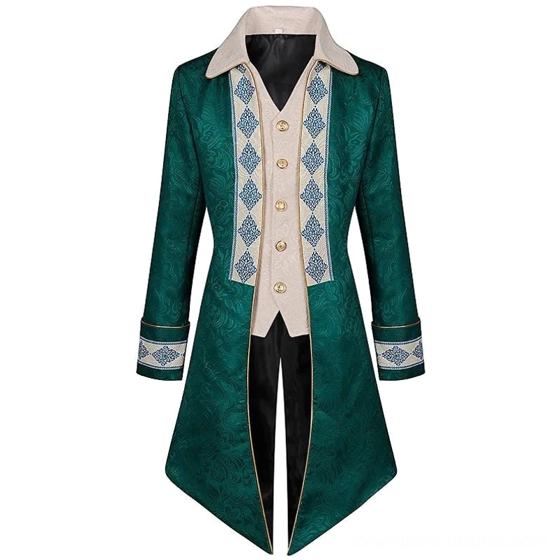 Green steampunk Victorian tailcoat jacket for men full front view with beige faux vest and ornate gold buttons