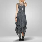 Grey asymmetrical lace steampunk maxi dress with layered skirt and sheer yoke, full front view on model
