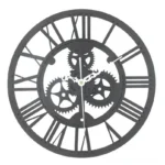 Grey steampunk wall clock with exposed hollow gear mechanism, Roman numerals, and white clock hands displayed in top-down flat lay view on white background