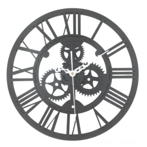 Grey steampunk wall clock with exposed hollow gear mechanism, Roman numerals, and white clock hands displayed in top-down flat lay view on white background