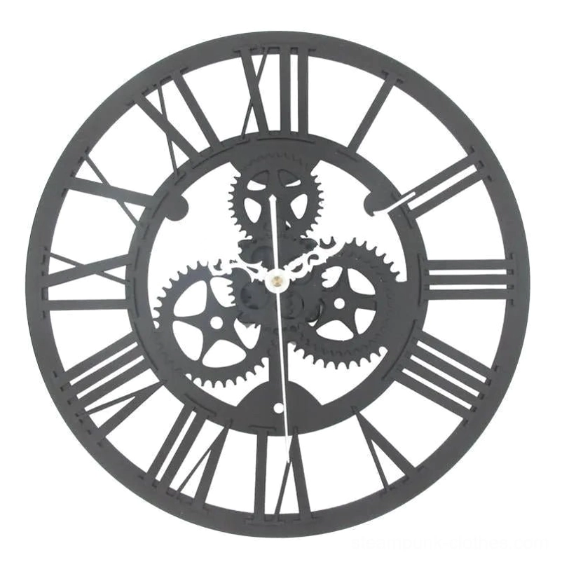 Grey steampunk wall clock with exposed hollow gear mechanism, Roman numerals, and white clock hands displayed in top-down flat lay view on white background