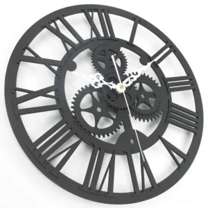 Front view of grey steampunk wall clock showing cutout Roman numeral dial with exposed rotating gears and white clock hands mechanism