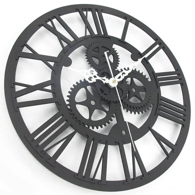 Front view of grey steampunk wall clock showing cutout Roman numeral dial with exposed rotating gears and white clock hands mechanism