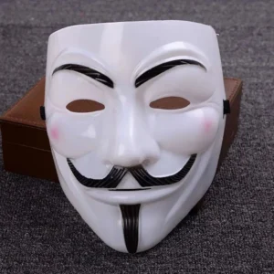 White Guy Fawkes anonymous mask front view, flat lay on dark fabric, showing hand-painted black facial features and pink cheek accents with elastic adjustable strap