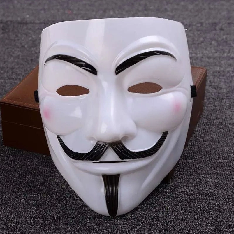 White Guy Fawkes anonymous mask front view, flat lay on dark fabric, showing hand-painted black facial features and pink cheek accents with elastic adjustable strap