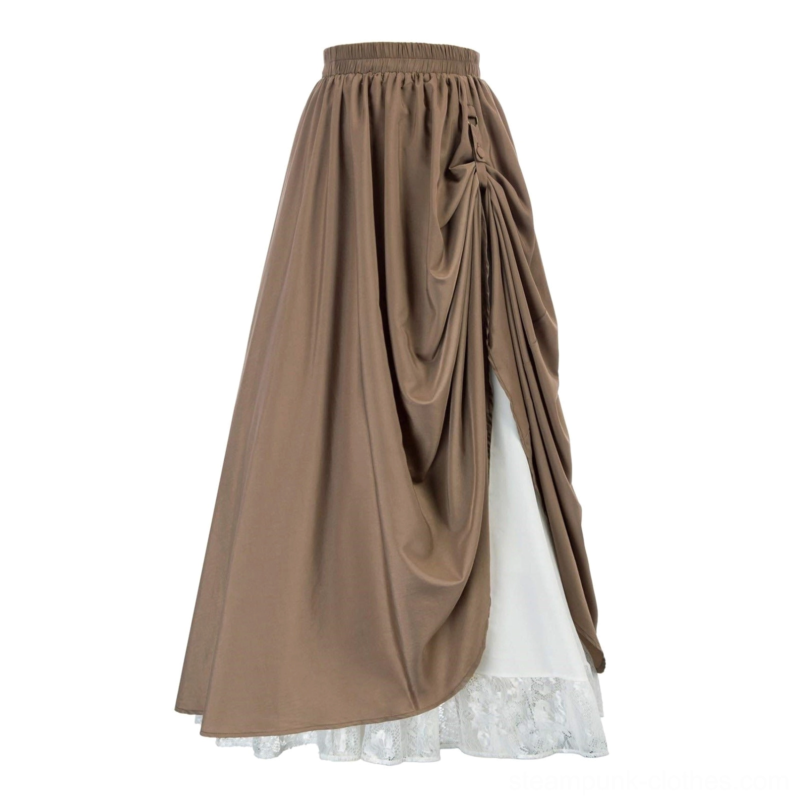 High-waisted vintage brown maxi steampunk skirt with lace-trimmed hemline displayed on white background, product-only shot showing full silhouette