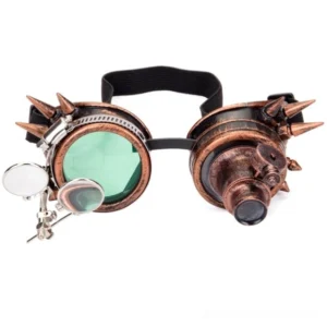Illuminated steampunk goggles flat lay showing integrated LED light module, antique bronze frame and adjustable elastic strap