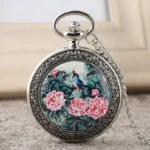 Imperial bird steampunk pocket watch with chain - ornate engraved peony and bird design on front cover