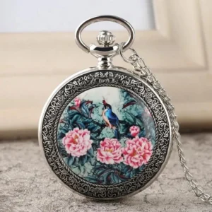 Imperial bird steampunk pocket watch with chain - ornate engraved peony and bird design on front cover