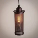 Industrial steampunk pendant lamp with bronze metal mesh cage and vintage U-shaped Edison filament bulb, frontal close-up view showcasing intricate lattice details