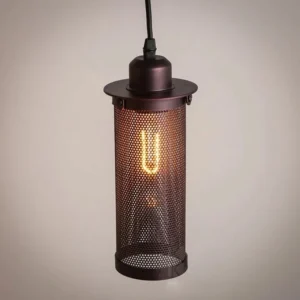 Industrial steampunk pendant lamp with bronze metal mesh cage and vintage U-shaped Edison filament bulb, frontal close-up view showcasing intricate lattice details