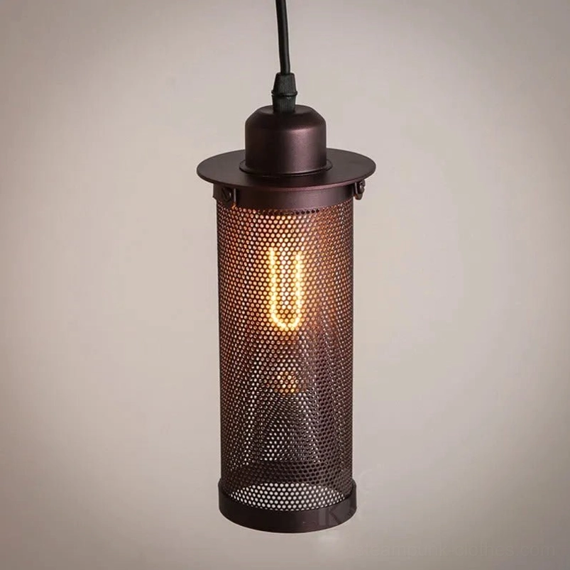 Industrial steampunk pendant lamp with bronze metal mesh cage and vintage U-shaped Edison filament bulb, frontal close-up view showcasing intricate lattice details