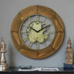 Industrial steampunk wall clock with exposed vintage metal gears, Roman numerals, distressed wood frame, and retro-inspired design – 16 inch round timepiece perfect for steampunk home décor