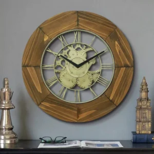 Industrial steampunk wall clock with exposed vintage metal gears, Roman numerals, distressed wood frame, and retro-inspired design – 16 inch round timepiece perfect for steampunk home décor