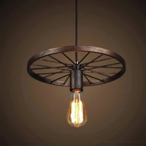 Industrial wagon wheel steampunk pendant lamp with bronze brushed metal finish and spoked wheel frame hanging in warm studio lighting