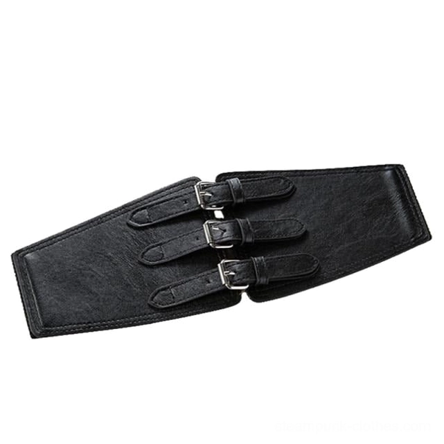 Steampunk gothic waist belt angled view highlighting structural design with three silver buckles and precision hand-stitching, diagonal perspective shot