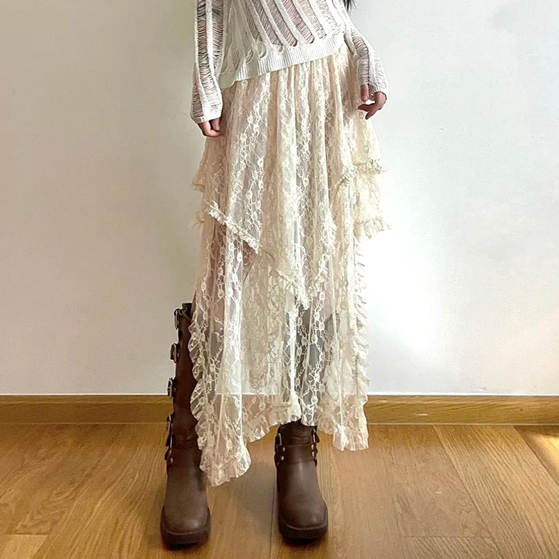 Ivory asymmetric lace steampunk skirt with high-low hem and layered ruffled details, front view full length on model