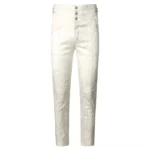 Ivory brocade steampunk trousers front view featuring high-waisted silhouette with triple ornate silver buttons and all-over jacquard woven pattern