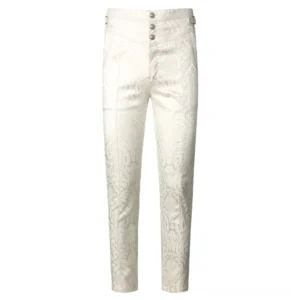 Ivory brocade steampunk trousers front view featuring high-waisted silhouette with triple ornate silver buttons and all-over jacquard woven pattern