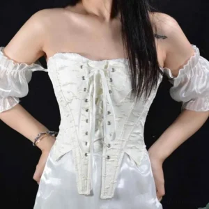 Strapless ivory Victorian steampunk corset front three-quarter view with off-shoulder ruffled neckline and front lace-up design