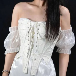 Ivory embossed steampunk corset off-shoulder rear three-quarter view showing lace-up front closure and ruffled organza puff sleeves