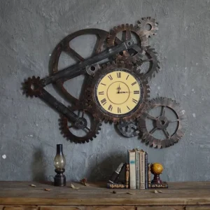 Large steampunk gear wall clock with distressed dark metal frame and cream Roman numeral dial displayed in industrial home setting