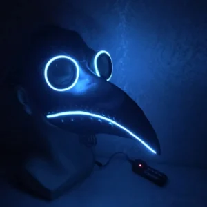 LED plague doctor steampunk mask with cyan LED strips illuminated on eyes and beak, displayed on mannequin head in dark environment with portable power controller