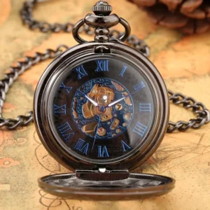Open-face mechanical pocket watch displaying blue Roman numerals and golden-accented skeleton movement with metal chain decoration