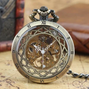Mechanical skeleton pocket watch front close-up view featuring ornate top crown, Roman numeral bezel, and visible brass movement components against blurred vintage leather and wooden props background