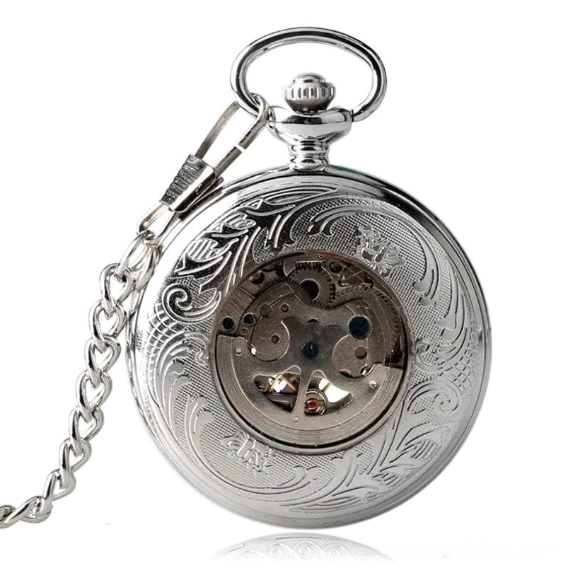 Mechanical steampunk skeleton pocket watch with exposed gears visible through sunburst dial design