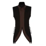 Medieval steampunk vest front view displayed on dress form, featuring two-tone color blocking, stand collar, metal eyelet lace-up system, and asymmetrical split hem