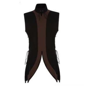 Medieval steampunk vest front view displayed on dress form, featuring two-tone color blocking, stand collar, metal eyelet lace-up system, and asymmetrical split hem