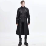 Men's black steampunk leather trench coat front view with metal grommet straps and decorative rings