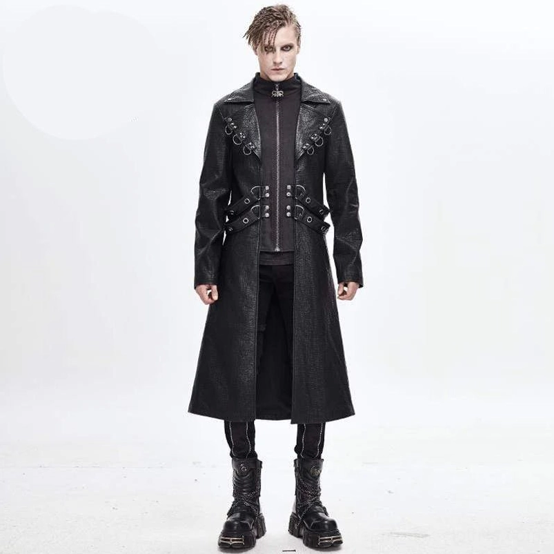 Men's black steampunk leather trench coat front view with metal grommet straps and decorative rings