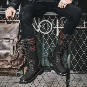 Black and dark brown leather steampunk boots paired with vintage backpack in outdoor industrial setting