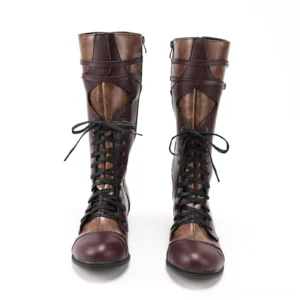 Front view of steampunk combat boots for men featuring two-tone leather construction, prominent lace-up system, and sturdy closed-toe silhouette