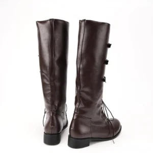 Rear view of steampunk knee-high buckle boots displaying back lace-up details, metal buckle straps, block heel, and premium faux leather construction