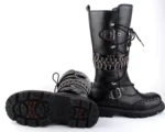 Men's steampunk mid-calf leather boots with metal spike strap and buckle details shown in side profile and sole view