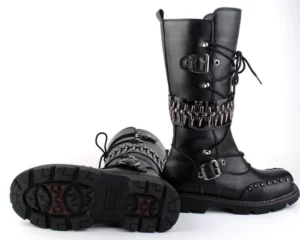 Men's steampunk mid-calf leather boots with metal spike strap and buckle details shown in side profile and sole view