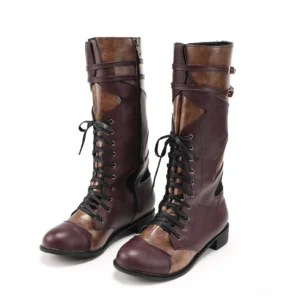 Men's steampunk mid-calf combat boots with two-tone brown leather, front lace-up closure, decorative gold-toned buckle straps on calf, and rounded closed toe—three-quarter side view showcasing design details
