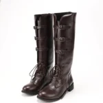 Men's steampunk buckle boots three-quarter front view showing brown smooth faux leather, dual metal buckles on side, full lace-up front closure, and knee-high silhouette