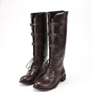 Men's steampunk buckle boots three-quarter front view showing brown smooth faux leather, dual metal buckles on side, full lace-up front closure, and knee-high silhouette