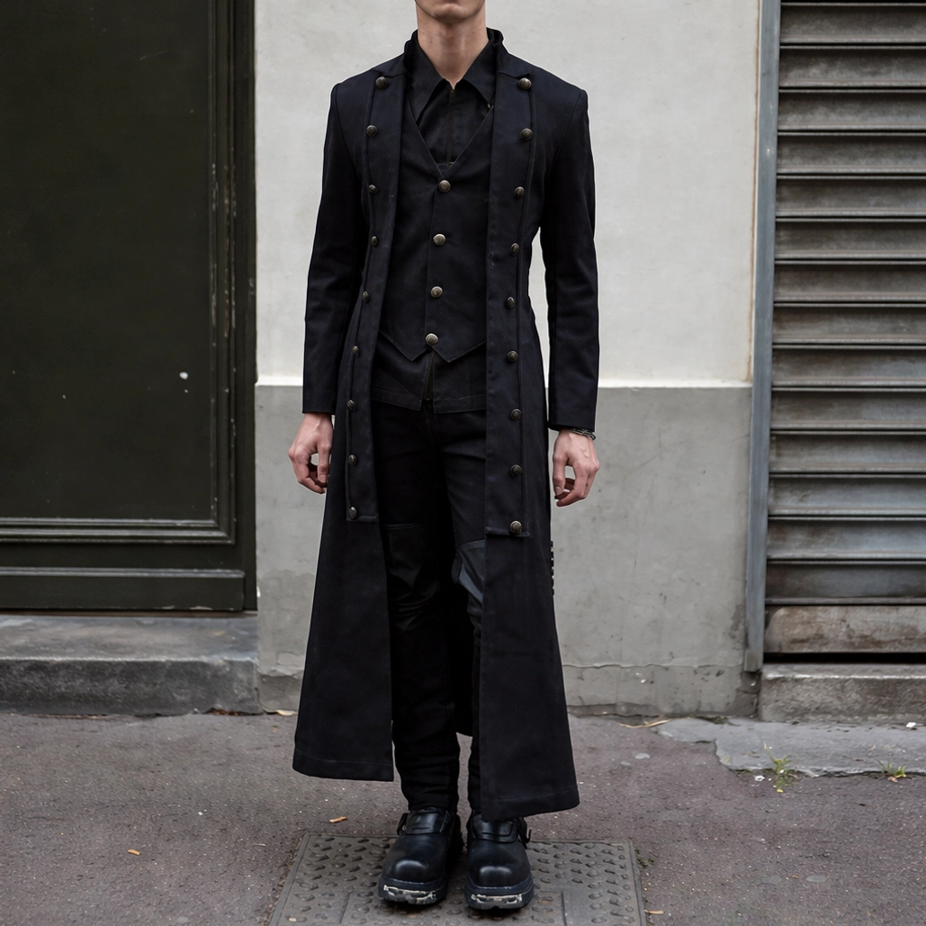 Men's steampunk long coat front view with brass buttons and layered vest overlay, worn by male model on urban street