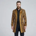 Gold black damask steampunk long coat for men, front view on model, featuring satin contrast trims and decorative button fastening