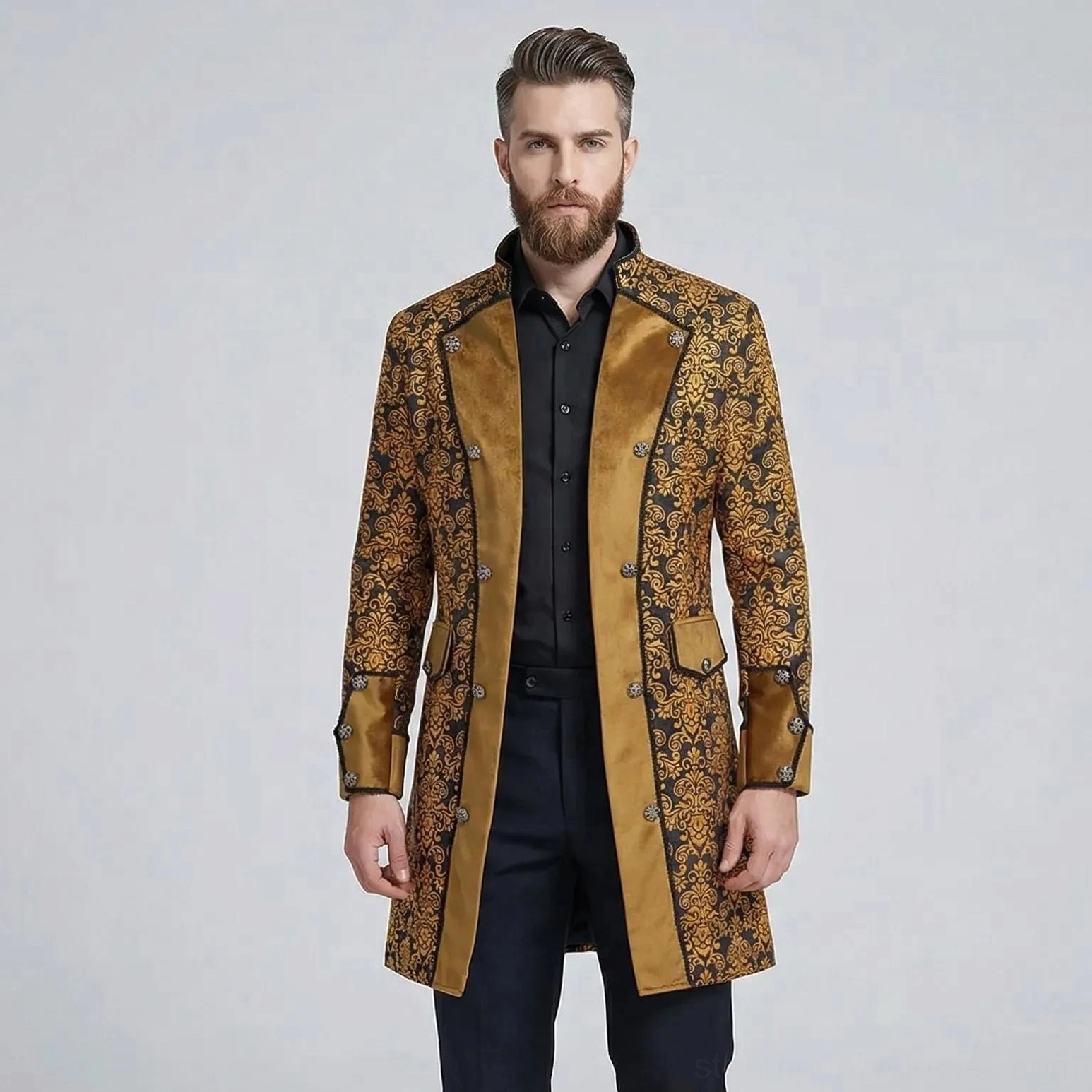 Gold black damask steampunk long coat for men, front view on model, featuring satin contrast trims and decorative button fastening