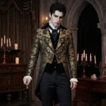 Men's steampunk tailcoat in gold damask jacquard with double-breasted design, worn on male model in candlelit Victorian study setting