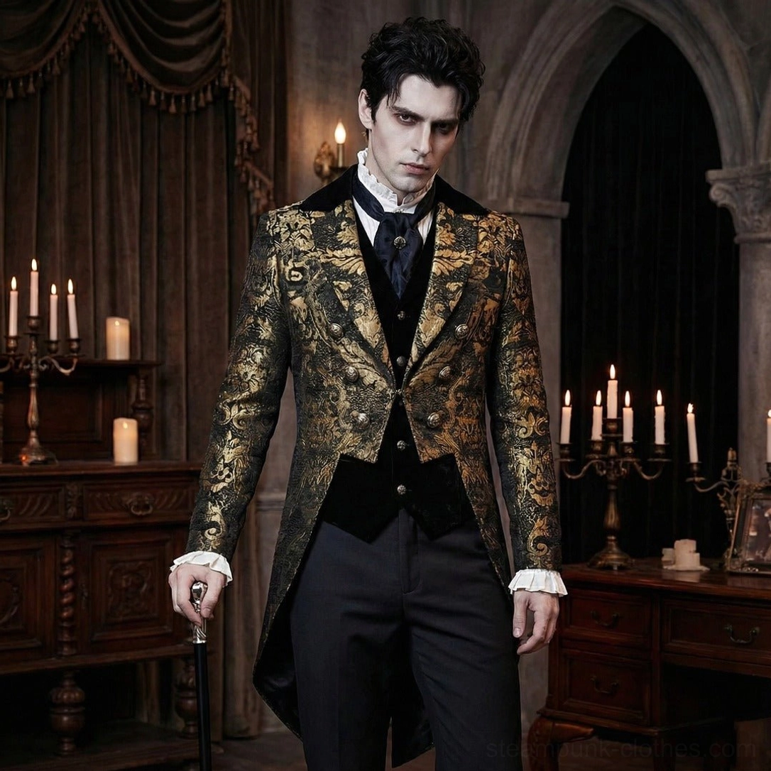 Men's steampunk tailcoat in gold damask jacquard with double-breasted design, worn on male model in candlelit Victorian study setting