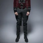 Men's Victorian steampunk trousers front view on model, black jacquard damask pattern, high-waisted tailored fit with formal gothic styling