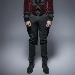 Men's Victorian steampunk trousers front view on model, black jacquard damask pattern, high-waisted tailored fit with formal gothic styling