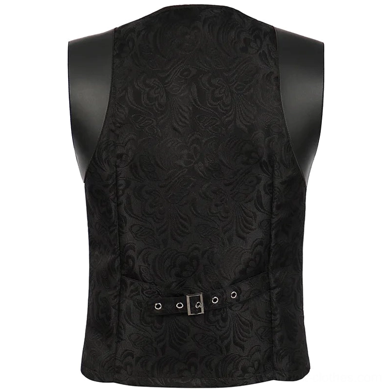 Steampunk vest rear view displaying adjustable waist strap with square buckle and damask pattern back